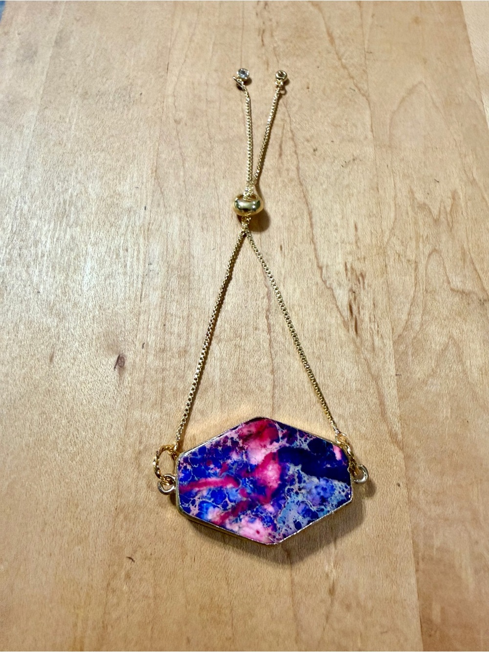 18K Gold Plated Chain Bracelet with a Pink & Blue Sea Sediment Jasper Pendant
